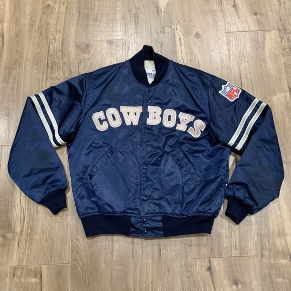 VTG 80s/90s Dallas‎ Cowboys L Satin Varsity Starter Jacket Navy Striped Tagged